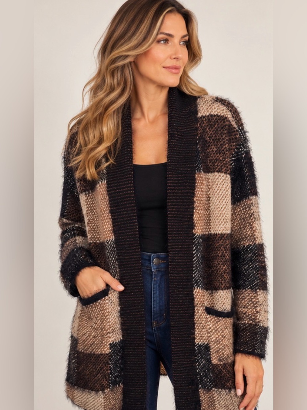 Black Tape Plaid Knit Cardigan in Brown & Black Medium Like